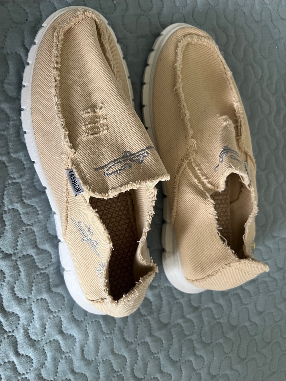 Men's Tan Canvas Slip-On Loafers with Frayed Trim